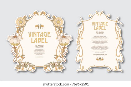 Set of face and back labels for products or cosmetics in art nouveau style, vintage, old, retro style.
 Stock vector illustration.