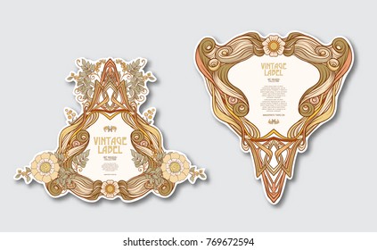 Set of face and back labels for products or cosmetics in art nouveau style, vintage, old, retro style.
 Stock vector illustration.