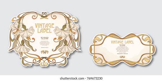 Set of face and back labels for products or cosmetics in art nouveau style, vintage, old, retro style.
 Stock vector illustration.