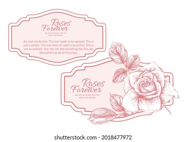 Set of face and back labels, stickers for food products or cosmetics in engraving, vintage, old, retro shabby chic style.. Stock vector illustration.