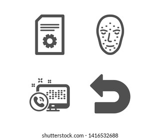 Set of Face biometrics, File settings and Web call icons. Undo sign. Facial recognition, File management, Phone support. Left turn.  Classic design face biometrics icon. Flat design. Vector