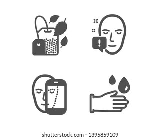 Set of Face biometrics, Mint bag and Face attention icons. Rubber gloves sign. Facial recognition, Mentha tea, Exclamation mark. Hygiene equipment.  Classic design face biometrics icon. Flat design