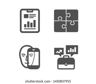 Set of Face biometrics, Report document and Puzzle icons. Business portfolio sign. Facial recognition, Page with charts, Engineering strategy. Job interview.  Classic design face biometrics icon