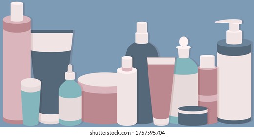 Set of face, body and hair care treatment bottles and tubes for woman. Cosmetics, creams, shampoos and gels. Healthy skin care lotion, moisturizing formulas. Liquid cleaning water, spray. Flat vector.