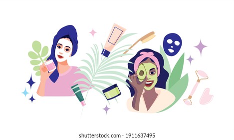 Set of face care cosmetics. Beautiful girls take care of the skin. Cosmetics made from natural products. Self-love. Moisturizing and rejuvenating the skin. Vector illustration on isolated background