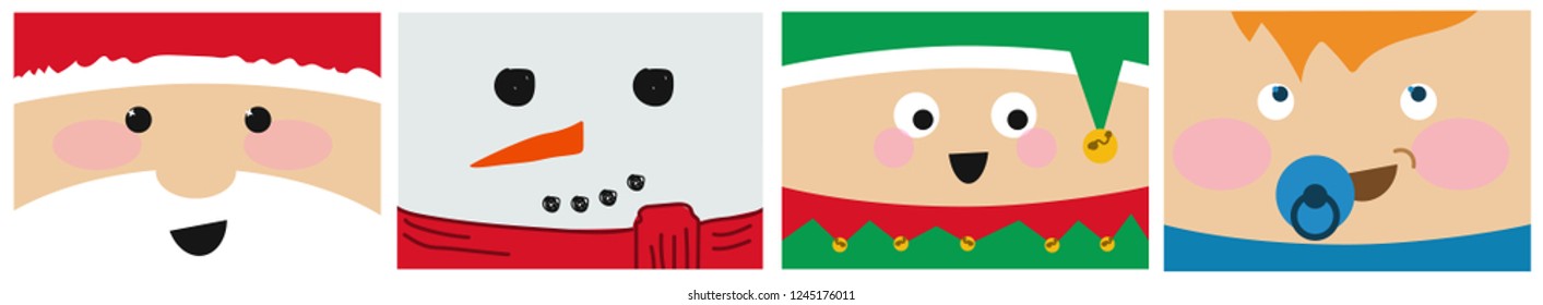 Set face christmas invitations with santa claus, snowman, leprechaun and baby