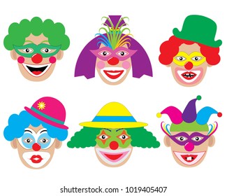 Set of face of clowns, icons. Vector illustration.