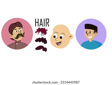 Conjunto de construcciones faciales aisladas sobre fondo blanco. Vector ilustración de dibujos animados de personajes masculinos avatar Elementos de diseño, peinado, orejas, ojos, cejas, boca, nariz