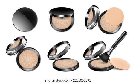 Set of Face Cosmetic Makeup Powder in Black Round Plastic Case with Mirror, with Powder Brush and sponge. Realistic 3d vector illustration, Isolated on White Background