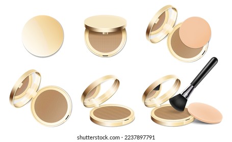 Set of face cosmetic makeup powder in gold round plastic case with mirror, with powder brush and sponge. Realistic 3d vector illustration, Isolated on White Background