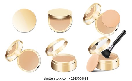 Polvo de maquillaje cosmético facial en estuche de plástico redondo dorado con espejo, con brocha de polvo y esponja. Ilustración vectorial 3d realista, aislada en fondo blanco