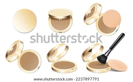 Set of face cosmetic makeup powder in gold round plastic case with mirror, with powder brush and sponge. Realistic 3d vector illustration, Isolated on White Background