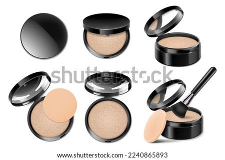 Set of face cosmetic makeup powder in black round plastic case with mirror, with powder brush and sponge. Realistic 3d vector illustration, Isolated on White Background