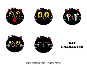 Poner cara lindo gato negro diferentes expresiones faciales sentimientos emociones caricatura personaje de vector plano diseño ícono de vector plano. 