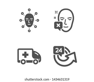 Set of Face declined, Ambulance emergency and Face biometrics icons. 24 hours sign. Identification error, Medical transport, Facial recognition. Repeat.  Classic design face declined icon. Flat design