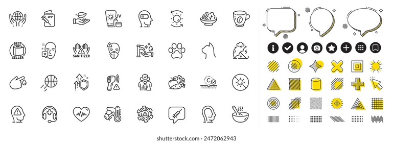 Set of Face declined, Mental health and Vaccination passport line icons for web app. Design elements, Social media icons. Collagen skin, Weariness, Sunscreen icons. Vector