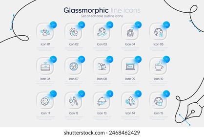 Set of Face detect, Inflation and Internet notification line icons for web app. Global business, Coffee cup, Friendship icons. Settings gears, Sale, Contactless payment signs. Vector