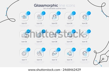 Set of Face detect, Inflation and Internet notification line icons for web app. Global business, Coffee cup, Friendship icons. Settings gears, Sale, Contactless payment signs. Vector