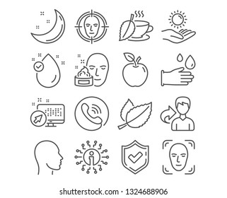 Set of Face detect, Mint leaves and Head icons. Sun protection, Vitamin e and Face cream signs. Mint tea, Rubber gloves symbols. Select target, Mentha herbal, Human profile. Vector