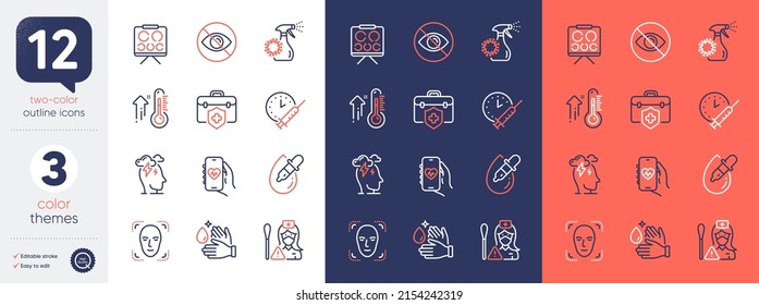 Set of Face detection, Stress and Medical insurance line icons. Include Eye drops, Vaccination schedule, Wash hands icons. Coronavirus spray, Health app, Vision board web elements. Vector