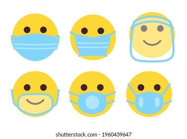 Set of face emoji in medical mask icon. Collection emoticon in different type of protective masks. Yellow smile in flat style as sign protect against spread of coronavirus Isolated vector illustration