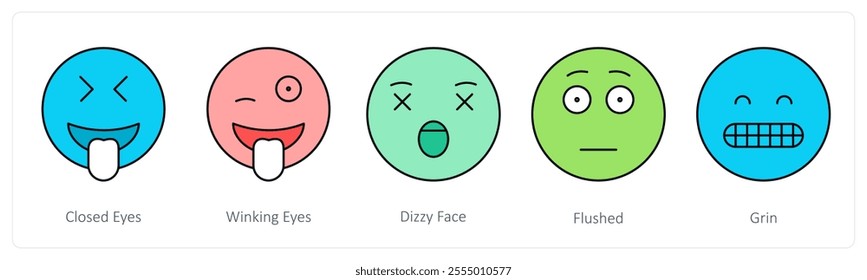 A set of face emoticon icons as closed eyes, winking eyes, dizzy eyes