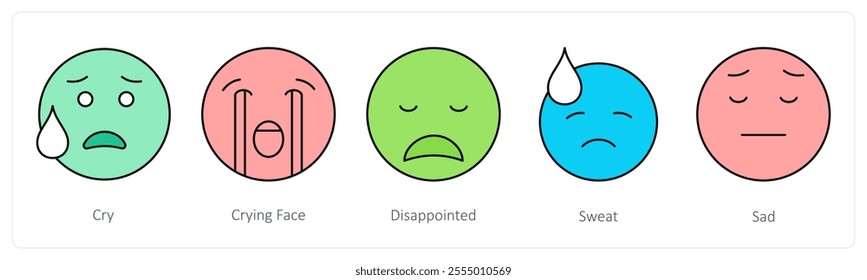 A set of face emoticon icons as cry, crying face, disappointed