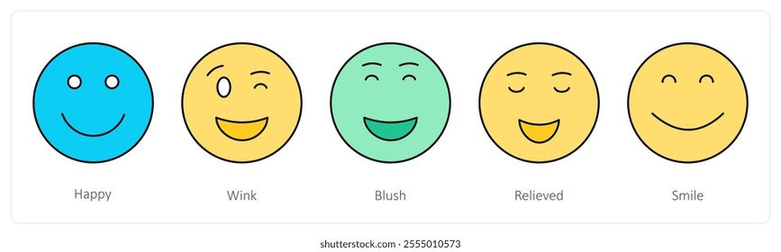 A set of face emoticon icons as happy, wink, blush