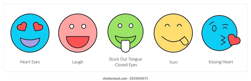 A set of face emoticon icons as heart eyes, laugh, stuck out tongue closed eyes