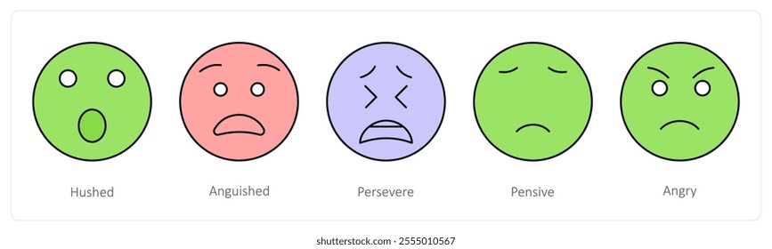 A set of face emoticon icons as hushed, anguished, persevere