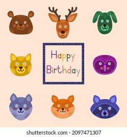 A set of face emoticons or emoticons. Animal face emoticons with cute character expressions. The muzzle of a raccoon, owl, dog, cat, bear, deer, fox, wolf. Birthday card.