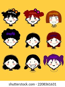 Conjunto de expresiones faciales de joven personaje de caricatura icono de ilustración vectorial.