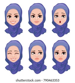 Set of face expressions of Arabic woman. Female emotions. Attractive cartoon character. Vector illustration isolated on white background.