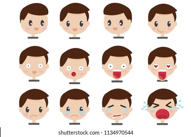 Set of Face expressions of a brown haired man in ifferent male emotions  cute cartoon character. eps10 Vector illustration isolated on white background