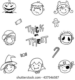 set of face halloween doodle vector illustration