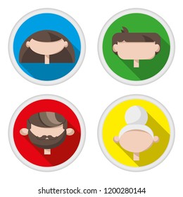 Set of face icons in round frames: a woman, a boy, a man and an old woman on colourful backgrounds. Flat cartoon style vector illustration.