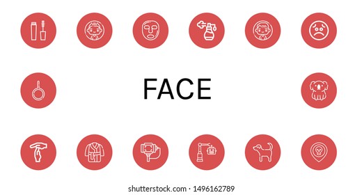 Set of face icons such as Mascara, Man, Facial mask, Perfume, Sad, Time out, Bath robe, Selfie stick, Robot, Dog, Skull, Neutral, Koala , face