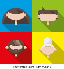 Set of face icons: a woman, a boy, a man and an old woman on colourful backgrounds. Flat cartoon style vector illustration.