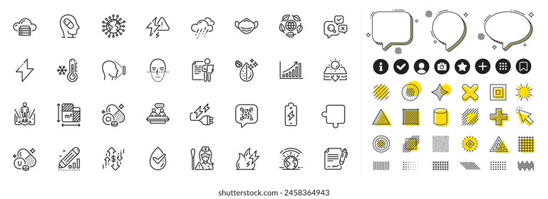 Set of Face id, Augmented reality and Coronavirus line icons for web app. Design elements, Social media icons. Puzzle, Depression treatment, Signing document icons. Vector