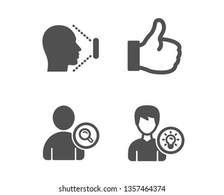 Set of Face id, Find user and Like icons. Person idea sign. Identification system, Search person, Thumbs up. Lamp energy.  Classic design face id icon. Flat design. Vector