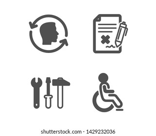 Set of Face id, Spanner tool and Reject file icons. Disabled sign. Identification system, Repair screwdriver, Decline agreement. Handicapped wheelchair.  Classic design face id icon. Flat design