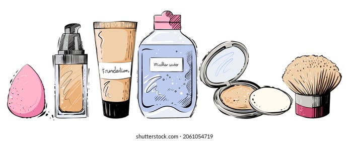 Conjunto de productos de maquillaje facial, ilustración de vector de color