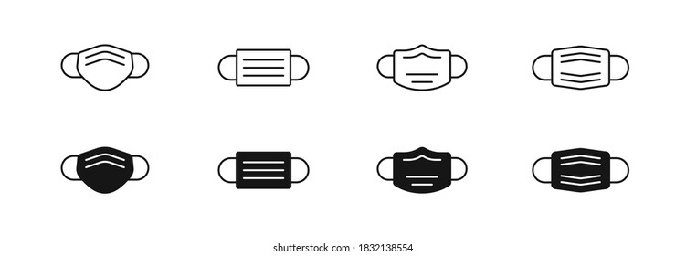 Set of Face Mask Icons for Coronavirus Covid-19 Social Distancing Pandemic. Surgical Mask, Medical Mask, N95 mask etc. Vector icon set with editable stroke