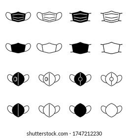 Set of face mask icons. Protective surgical and FFP masks or respirators with and without valve. Vector Illustration