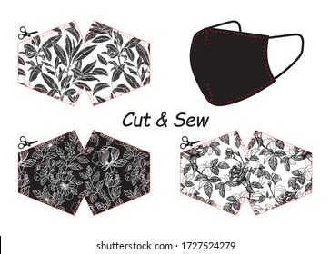 Set Face Masks Pattern. Sewing Pattern. Face protective masks design. Floral vector pattern mask protective against Coronovirus, Covid-19 and
Viruses. Just cut and sew. 