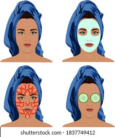 Set of face masks. Skin care and beauty treatments using natural ingredients. Clean and healthy skin. Colorful vector illustration.