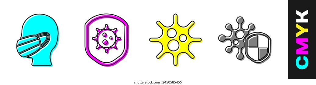 Set Face in a medical protective mask, Shield protecting from virus, Virus and Shield protecting from virus icon. Vector