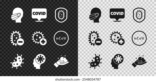 Set Face in a medical protective mask, Corona virus covid-19 on location, Shield protecting from, Virus, Human and, Washing hands with soap, Negative and Positive icon. Vector