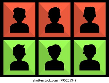 Set of face men icons. Black silhouettes, colorful square icons. Vector illustration