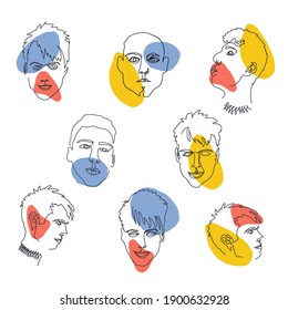 Set of face men. Line art and abstract spots. Red, blue, yellow. Face drawing. Contemporary portrait. Portrait male. Creative design for social media apps. Minimal simple vector. 